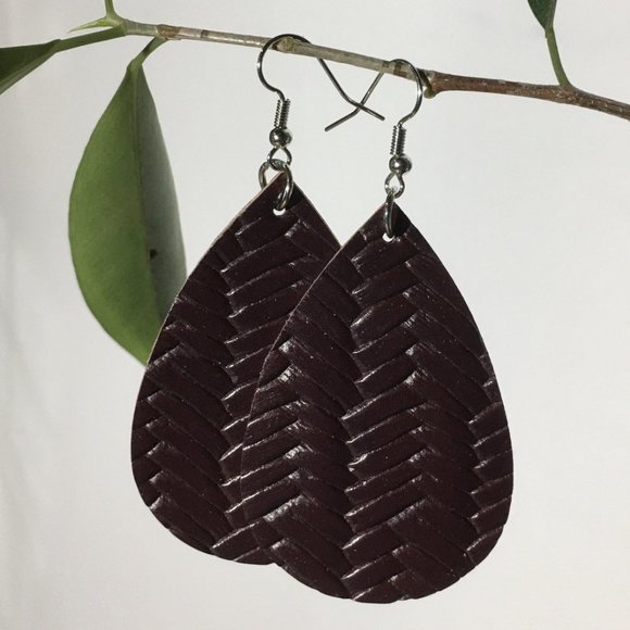 NEW Womens Tear Drop Leather Earrings Red Brown Tan Nutmeg - Picture 2 of 4
